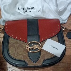 Coach Georgie Color Block Saddle Design. Very Good Terracotta,Black and Khaki